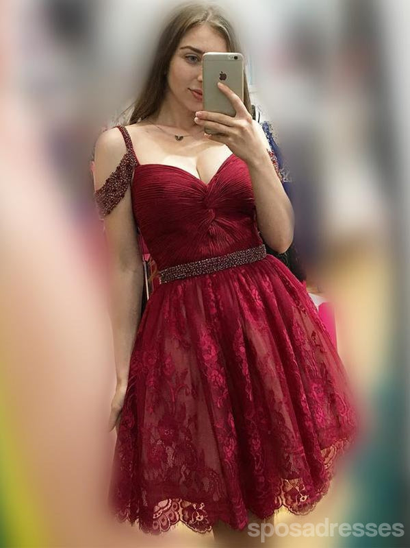 Off Shoulder Cute Short Lace Dark Red Homecoming Dresses 2018, CM476