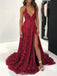 Sexy Lace V Neck Side Slit Maroon A-line Long Evening Prom Dresses, 17711