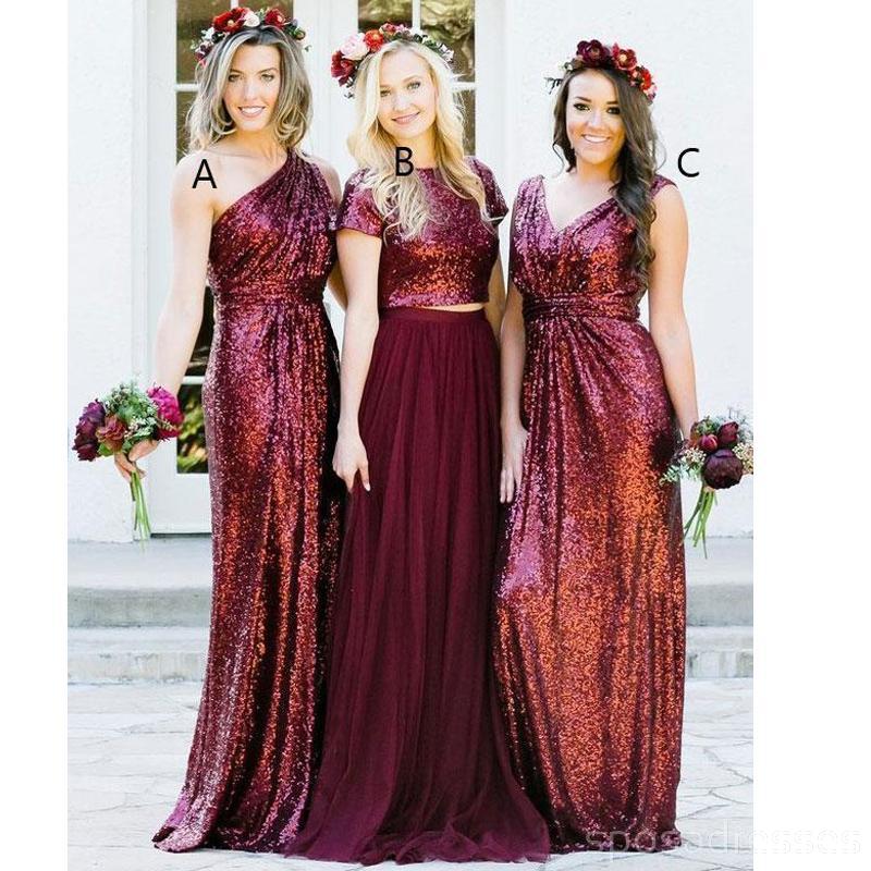 Dark Red Sequin Mismatched Custom Long Bridesmaid Dresses, WG235