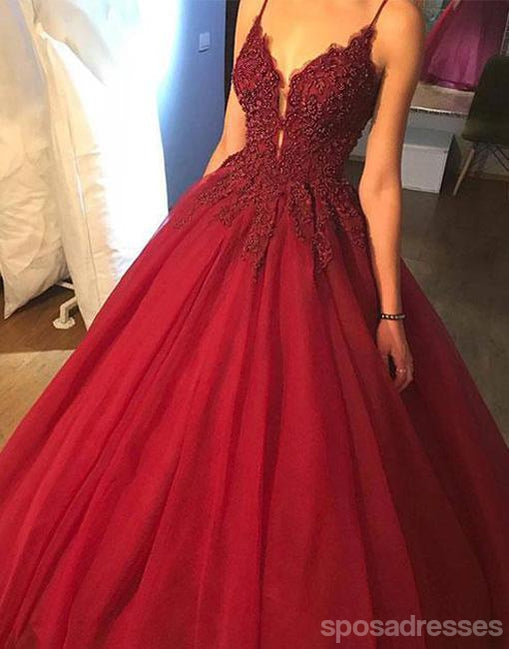 Dark Red A line Lace Beaded V Neckline Long Evening Prom Dresses, Long Party Prom Dresses, 17274