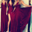 V Neck Side Slit Burgundy Chiffon Cheap Long Bridesmaid Dresses Online, WG292