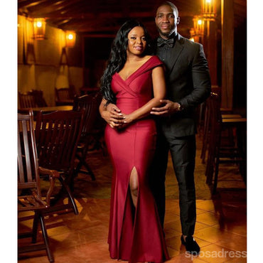 Burgundy Mermaid Off Shoulder Side Slit Cheap Long Bridesmaid Dresses,WG1541