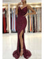 Burgundy Mermaid Spaghetti Straps V-neck High Slit Cheap Long Prom Dresses,12864