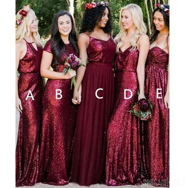 Mismatched Burgundy Sequin Long Bridesmaid Dresses Online, WG736