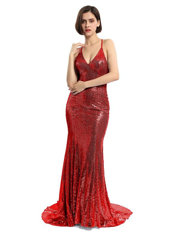 Sexy Backless Maroon Sequin Mermaid Evening Prom Dresses, Popular Party Prom Dresses, 17209