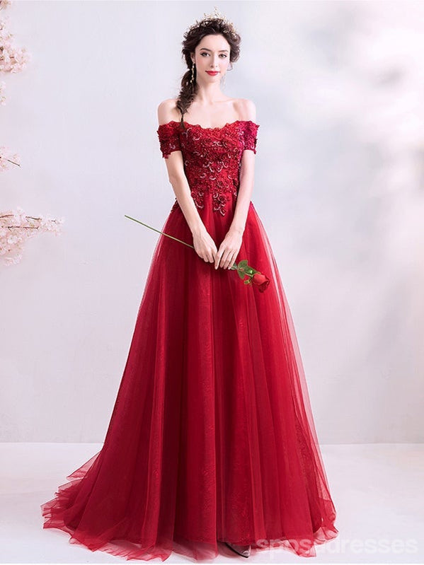Burgundy A-line Off Shoulder Long Prom Dresses Online, Dance Dresses,12751