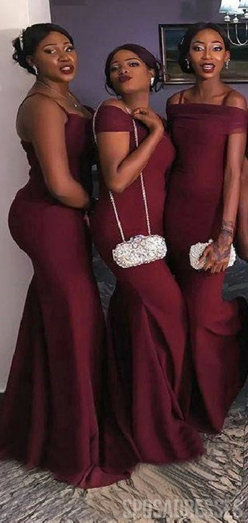 Sexy Mermaid Burgundy Off the Shoulder Spaghetti Straps Cheap Bridesmaid Gown Dresses Online,WG990