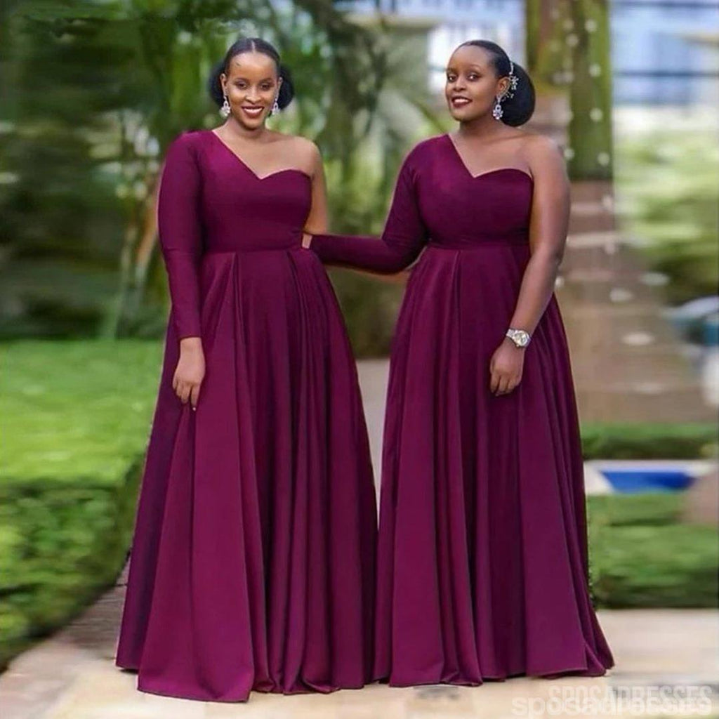 Burgundy A-line One Shoulder Long Sleeve Cheap Long Bridesmaid Dresses – SposaDresses