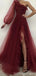 Burgundy A-line One Shoulder High Slit Long Sleeves Prom Dresses Online,12700
