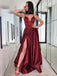 Spaghetti Straps Burgundy Side Slit Cheap Long Prom Dresses, Sweet 16 Prom Dresses, 12356