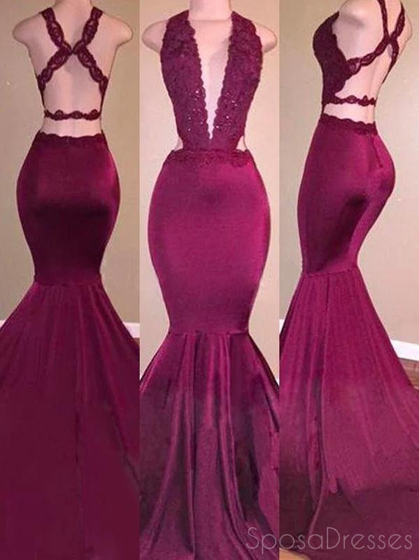 Sexy Mermaid Burgundy Cheap Long Prom Dresses, Sweet 16 Prom Dresses, 12357