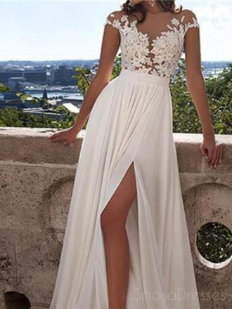 Long A-Line White Lace Prom Dress With Appliques, Side Slit Sexy Wedding Party Dress, WD0124
