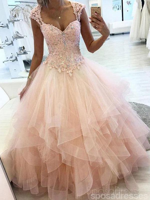 Cap Sleeves Peach Ball Gown Lace Beaded Long Evening Prom Dresses, Che SposaDresses Cap Sleeves Peach Ball Gown Lace Beaded Long Evening Prom Dresses, Che SposaDresses