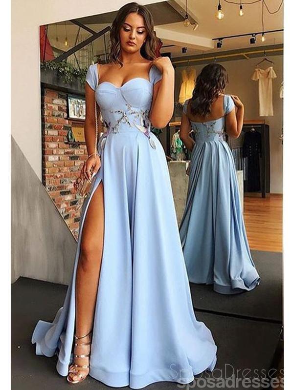 Cap Sleeves Side Slit Blue Sweetheart Long Evening Prom Dresses, Cheap SposaDresses Cap Sleeves Side Slit Blue Sweetheart Long Evening Prom Dresses, Cheap SposaDresses