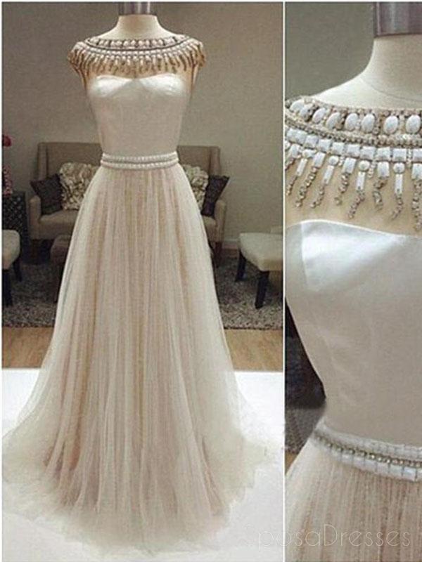 Long Ivory Prom Dresses, Charming Beaded Wedding Dresses, Tulle Prom Dresses, WD0126