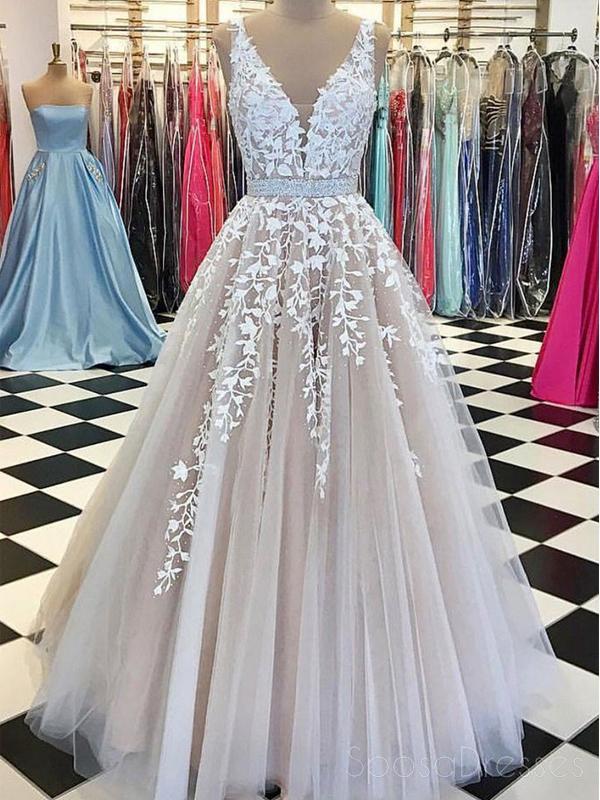 V Neck A-line Lace Cheap Long Evening Prom Dresses, Cheap Custom Sweet