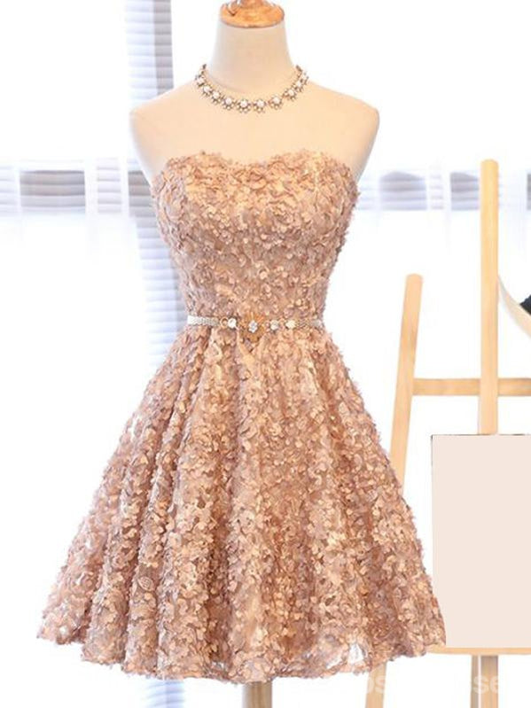 Sweetheart Champagne Lace Cheap Short Homecoming Dresses Online, CM648