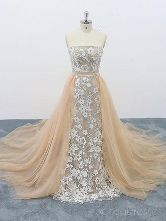 Strapless Champagne Lace Cheap Long Evening Prom Dresses, Evening Party Prom Dresses, 18625