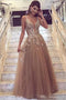 V Neck Spaghetti Straps Tulle A-line Cheap Prom Dresses Online, PD0130