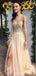 Champagne A-line V-neck High Slit Long Prom Dresses Online, Dance Dresses,12660