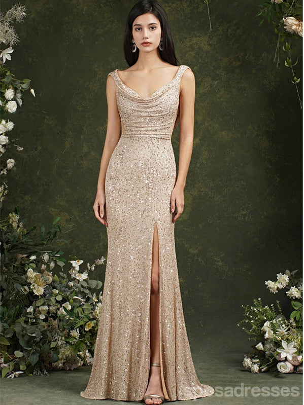 Champagne Mermaid Scoop Side Slit Cheap Long Prom Dresses Online,12971