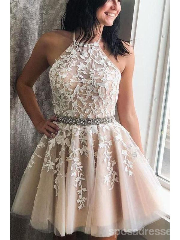 Champagne Halter Short Homecoming Dresses Online, Cheap Short Prom Dresses, CM855