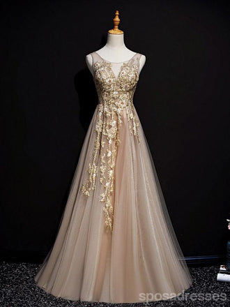Champagne A-line V-neck Cheap Long Prom Dresses Online,12639