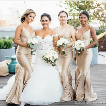 Mermaid Light Champagne Spaghetti Straps V-neck Long Bridesmaid Dresses Gown Online,WG1121