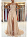 Champagne A-line One Shoulder High Slit Cheap Long Prom Dresses Online,12703