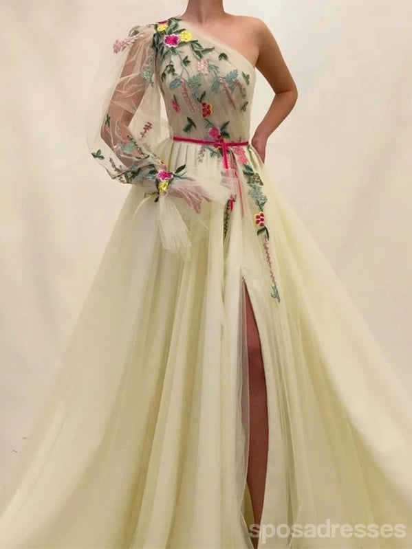 Unique A-line One Shoulder Long Sleeves Cheap Prom Dresses Online,12802