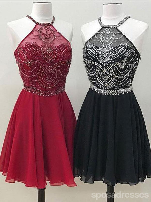 Black Chiffon Halter Beaded Cheap Short Homecoming Dresses Online, CM598