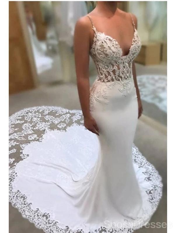 Spaghetti Straps See Through Mermaid Wedding Dresses Online, Cheap Unique Bridal Dresses, WD599
