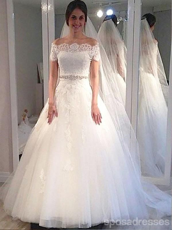 Off Shoulder Short Sleeves Lace Beaded A line Cheap Wedding Dresses On SposaDresses Off Shoulder Short Sleeves Lace Beaded A line Cheap Wedding Dresses On SposaDresses