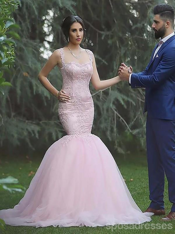 pink lace mermaid wedding dress Pink Detachable Long-Sleeves Prom Dresses Appliques Lace Mermaid Evening Gowns