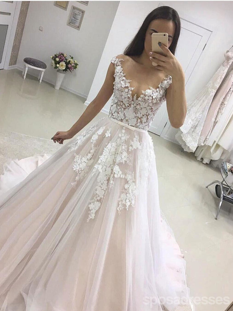 See Through Cap Sleeves A-line Wedding Dresses Online, Cheap Champagne Bridal Dresses, WD454