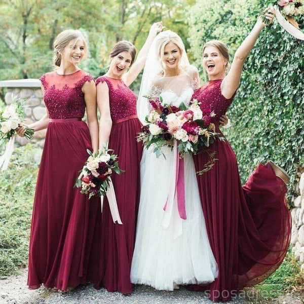 Jewel Cap Sleeves Dark Red Chiffon Floor Length Cheap Bridesmaid Dress – SposaDresses