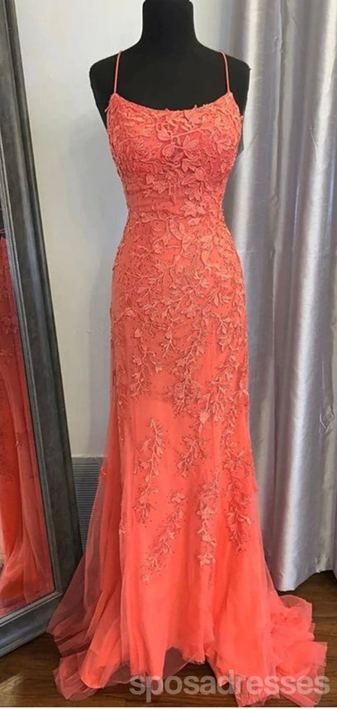 Coral Mermaid Spaghetti Straps Backless Cheap Long Prom Dresses,12902