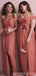 Coral A-line Chiffon Off the Shoulder Side Slit Long Bridesmaid Dresses Online, WG1020