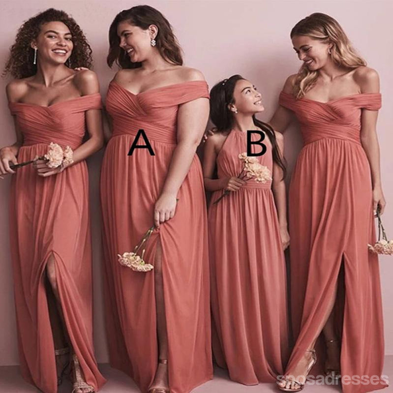 Coral A-line Chiffon Off the Shoulder Side Slit Long Bridesmaid Dresses Online, WG1020