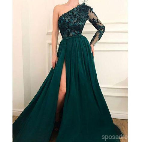 Emerald Green A-line Long Sleeves One Shoulder High Slit Prom Dresses SposaDresses Emerald Green A-line Long Sleeves One Shoulder High Slit Prom Dresses SposaDresses