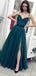 Dark Green A-line Spaghetti Straps High Slit Long Prom Dresses Online,12699