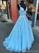 Gorgeous Blue A-line Spaghetti Straps V-neck Maxi Long Prom Dresses,13178