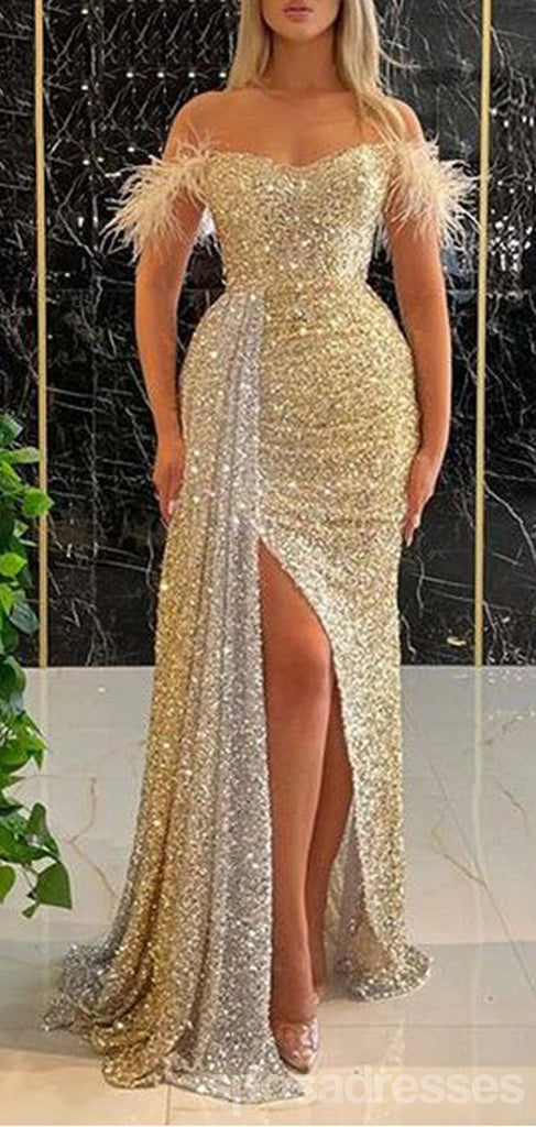 Sexy Gold Mermaid Off Shoulder Side Slit Maxi Long Prom Dresses,Evening Dresses,13143