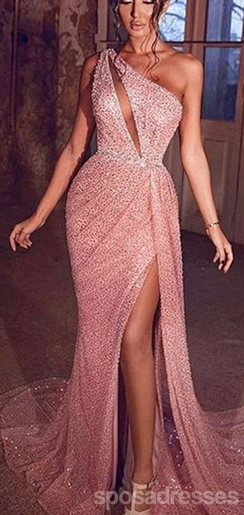 Pink Mermaid One Shoulder High Slit Maxi Long Prom Dresses,Evening Dresses,13169