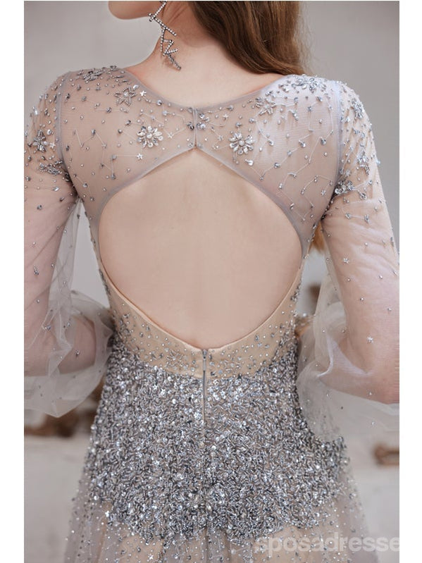 See Through A-line Long Sleeves V-neck Backless Prom Dresses Online,12760