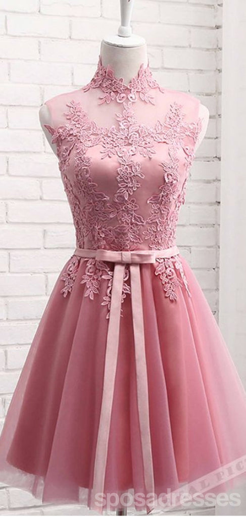 Newest Pink Illusion Lace Short Homecoming Dresses,Cheap Short Prom Dresses,CM877