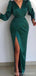 Emerald Green Sheath Long Sleeves V-neck High Slit Cheap Prom Dresses Online,12805