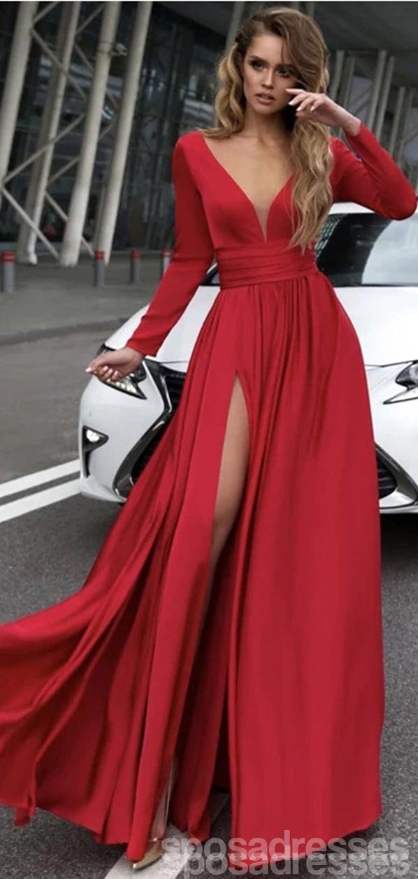 Red A-line Long Sleeves V-neck High Slit Cheap Long Prom Dresses Onlin SposaDresses Red A-line Long Sleeves V-neck High Slit Cheap Long Prom Dresses Onlin SposaDresses