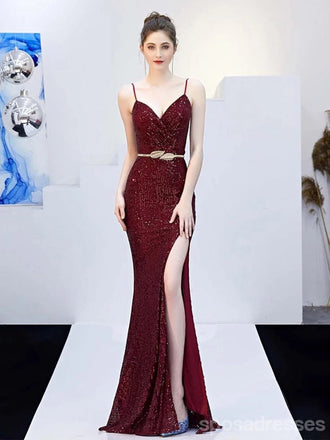 Sexy Burgundy Mermaid Spaghetti Straps V-neck High Slit Long Prom Dresses,12962