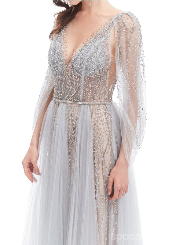 Sparkly See Through Grey A-line V-neck Open Back Long Prom Dresses Online,12781